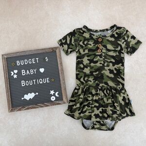 Posh Peanut Green Camo Short Sleeve Dress Romper with Wood Buttons
